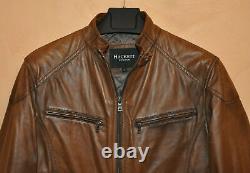 Hackett London Men's Brown Leather Biker Jacket Wool Linning Size L Large Italy
