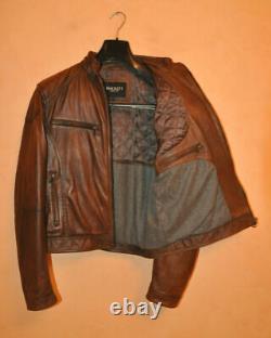 Hackett London Men's Brown Leather Biker Jacket Wool Linning Size L Large Italy