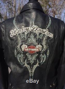 Harley Davidson CASCADE Leather Jacket Women's Medium Studded Turquoise Black
