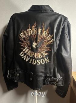 Harley-Davidson Embroidered Flames Ride Free Leather Jacket Size L