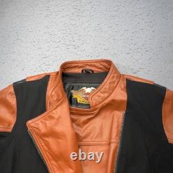 Harley Davidson Jacket Women Large Orange Black Leather Moto Buckle Strap Riding
