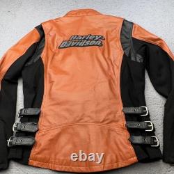Harley Davidson Jacket Women Large Orange Black Leather Moto Buckle Strap Riding