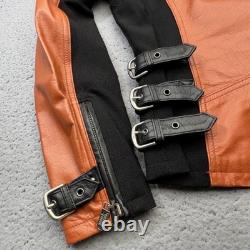 Harley Davidson Jacket Women Large Orange Black Leather Moto Buckle Strap Riding