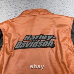 Harley Davidson Jacket Women Large Orange Black Leather Moto Buckle Strap Riding