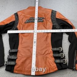 Harley Davidson Jacket Women Large Orange Black Leather Moto Buckle Strap Riding
