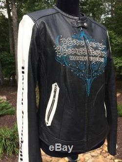 Harley Davidson KALEIDOSCOPE Women's Large White Leather Jacket Bling Black