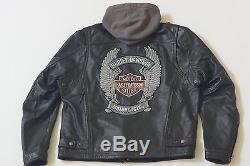 Harley Davidson Men HONOR Black Leather Jacket Hood 3n1 Winged B&S XL 97077-08VM