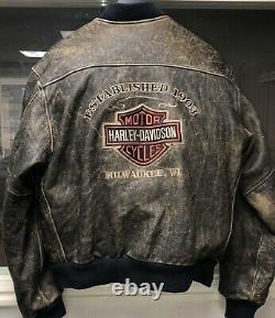 Harley Davidson Men's (L. Measures XL) Leather Bomber Embroidered Jacket, Patina