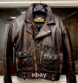 Harley Davidson Men's (XL) Dark Brown Black Leather Jacket, Vintage Distressed