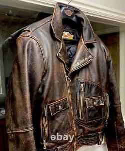 Harley Davidson Men's (XL) Dark Brown Black Leather Jacket, Vintage Distressed