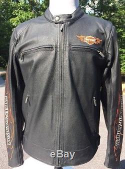 Harley Davidson RIDE READY Leather Jacket Men's Large Black Flames MINT