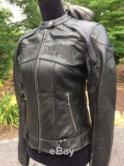 Harley Davidson Reflective Skull Women's Leather Jacket 3N1 Small Hoodie Black