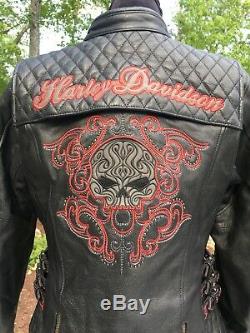 Harley Davidson SCROLL Willie G Skull Leather Jacket Women's Medium Black Red