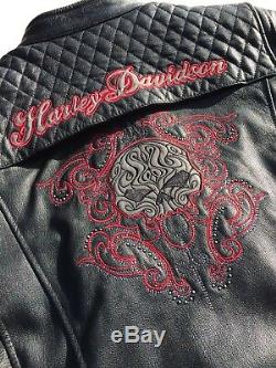 Harley Davidson SCROLL Willie G Skull Leather Jacket Women's Medium Black Red