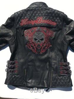 Harley Davidson SCROLL Willie G Skull Leather Jacket Women's Medium Black Red