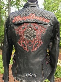 Harley Davidson SCROLL Willie G Skull Leather Jacket Women's Medium Black Red