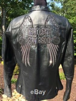 Harley Davidson SHADOW VALLEY Leather Jacket Women Large Angel Wings BLING Black