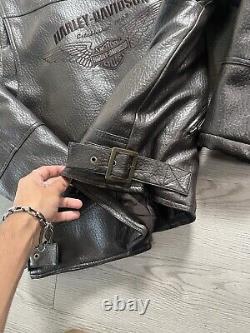 Harley Davidson Vintage Leather Type Dark Brown Jacket LARGE logo Biker Bomber
