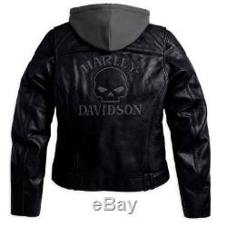 Harley Davidson Women Reflective Willie G Skull Leather Jacket 3in1 (withhoodie)