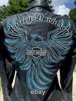 Harley Davidson Womens ARABELLE Black Leather Jacket Turquoise Eagle Medium