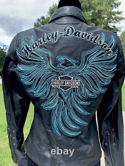 Harley Davidson Womens ARABELLE Black Leather Jacket Turquoise Eagle Medium