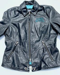 Harley Davidson Womens ARABELLE Black Leather Jacket Turquoise Eagle Medium