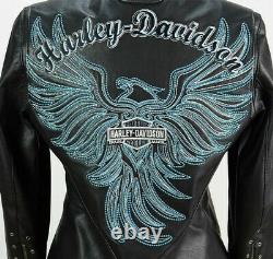 Harley Davidson Womens ARABELLE Black Leather Jacket Turquoise Eagle Medium