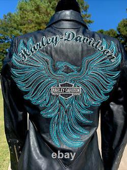 Harley Davidson Womens ARABELLE Black Leather Jacket Turquoise Eagle Small