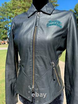 Harley Davidson Womens ARABELLE Black Leather Jacket Turquoise Eagle Small