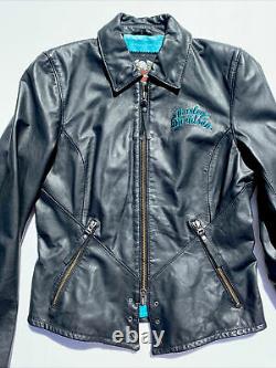 Harley Davidson Womens ARABELLE Black Leather Jacket Turquoise Eagle Small