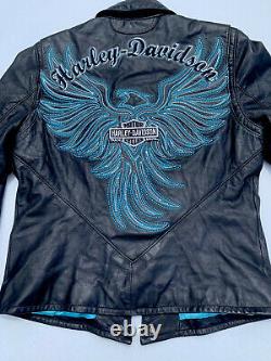 Harley Davidson Womens ARABELLE Black Leather Jacket Turquoise Eagle Small