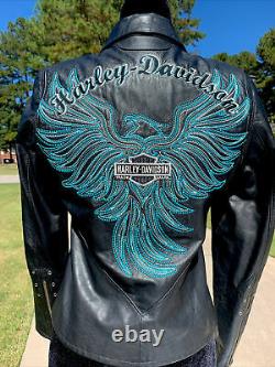 Harley Davidson Womens ARABELLE Black Leather Jacket Turquoise Eagle Small