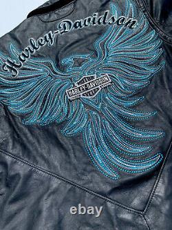 Harley Davidson Womens ARABELLE Black Leather Jacket Turquoise Eagle Small