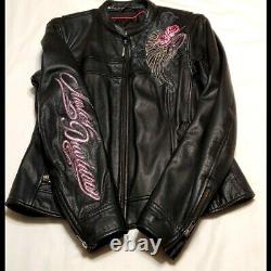 Harley-Davidson Womens Black PINK ROSES BLING Leather Riding Jacket Medium