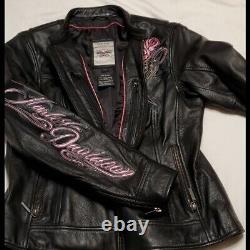 Harley-Davidson Womens Black PINK ROSES BLING Leather Riding Jacket Medium
