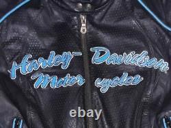 Harley Davidson Womens Leather Black Teal Riding Jacket Large