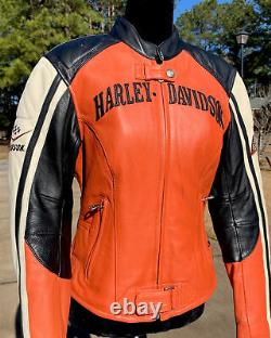 Harley Davidson Womens Leather Jacket Small Orange Black Racing