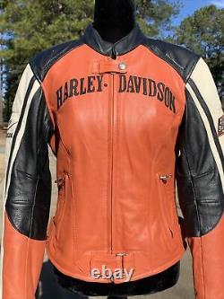 Harley Davidson Womens Leather Jacket Small Orange Black Racing