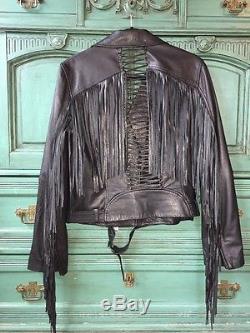 Haute Hippie Large Corset Back Fringe Leather Black Jacket Retail $1369 BOHO