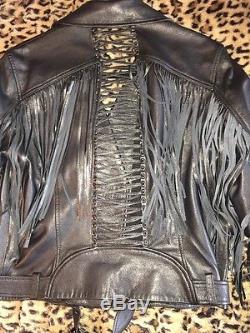 Haute Hippie Large Corset Back Fringe Leather Black Jacket Retail $1369 BOHO