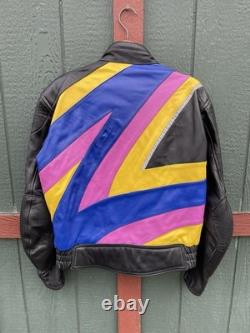 Hein Gericke Motorcycle Jacket Mens 46 Black Yellow Purple Leather Armor Vintage