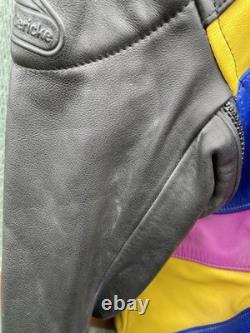 Hein Gericke Motorcycle Jacket Mens 46 Black Yellow Purple Leather Armor Vintage