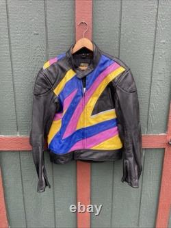 Hein Gericke Motorcycle Jacket Mens 46 Black Yellow Purple Leather Armor Vintage
