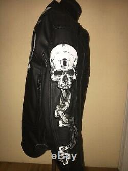 ICON SKULL Motorcycle Leather Jacket Sz L W New D30 Shoulder & Elbow Pads 8245