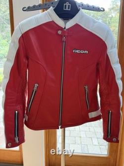 ICON Tuscadero Women's Motorcycle Leather Jacket Size M Red White Preowned