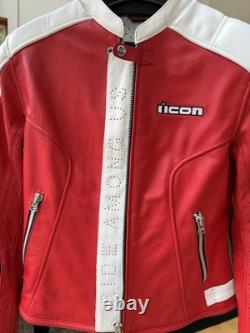 ICON Tuscadero Women's Motorcycle Leather Jacket Size M Red White Preowned