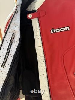 ICON Tuscadero Women's Motorcycle Leather Jacket Size M Red White Preowned