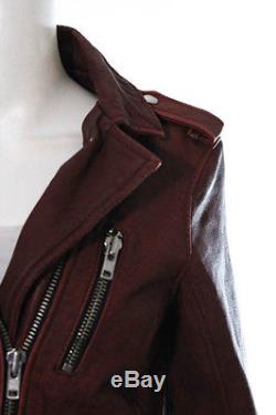 IRO Maroon Distressed Leather Collared Full Zip Moto Jacket Size 2