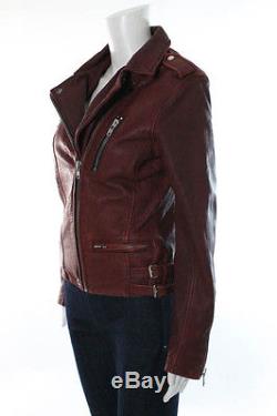 IRO Maroon Distressed Leather Collared Full Zip Moto Jacket Size 2