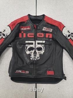 Icon Medium Men's SKULL Black & Red Leather Motorcycle Jacket. READ